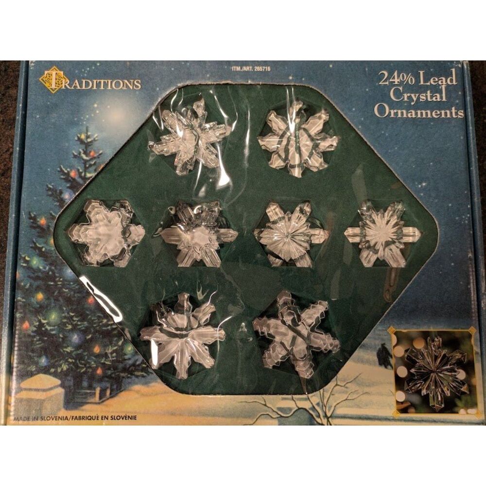 Traditions 24% Lead Crystal Snowflake Ornaments Set of 8 In Box